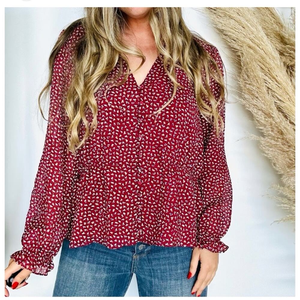 Madewell Women Burgundy V-Neck Floral Long Sleeve Peplum Ruffled Blouse Size L
